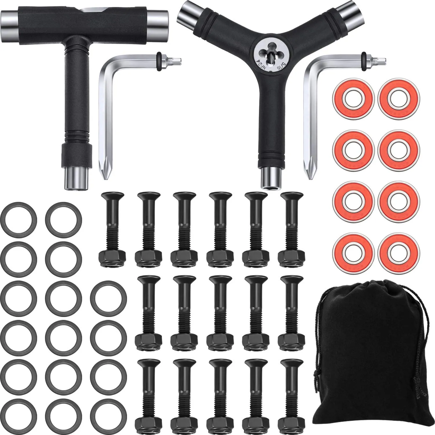 45-Piece Multifunctional Skateboard Tool Set with T & Y Tools, Bearings, Nuts, Bolts & Washers