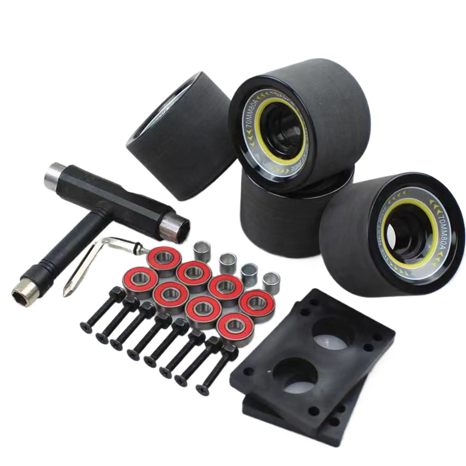 70mm Black Skateboard Wheels & ABEC-9 Bearings Set, 80A Soft PU Longboard Cruiser Parts