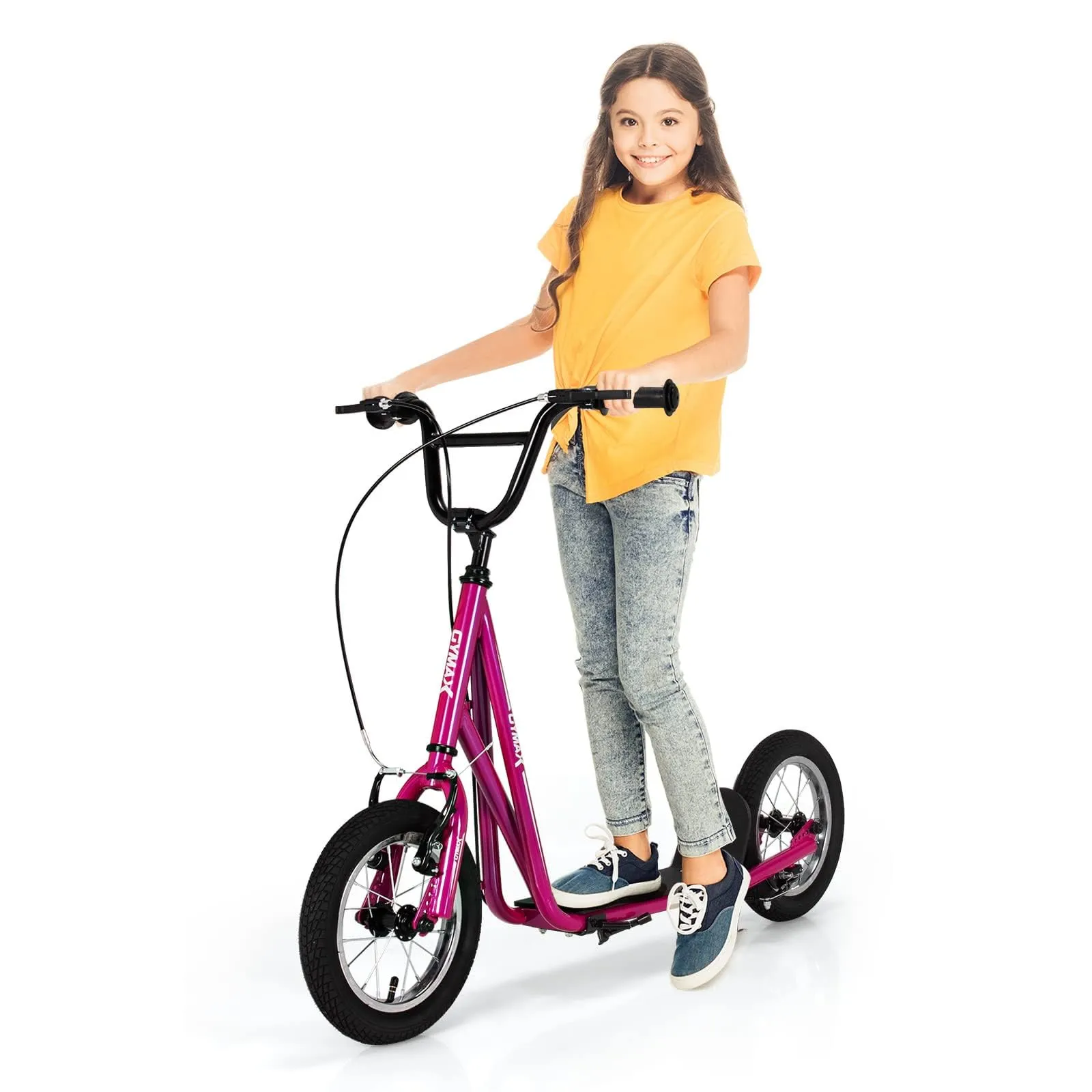 All-Terrain GYMAX Kids Scooter with Adjustable Height, 12” Inflatable Wheels & Safe V-Brakes