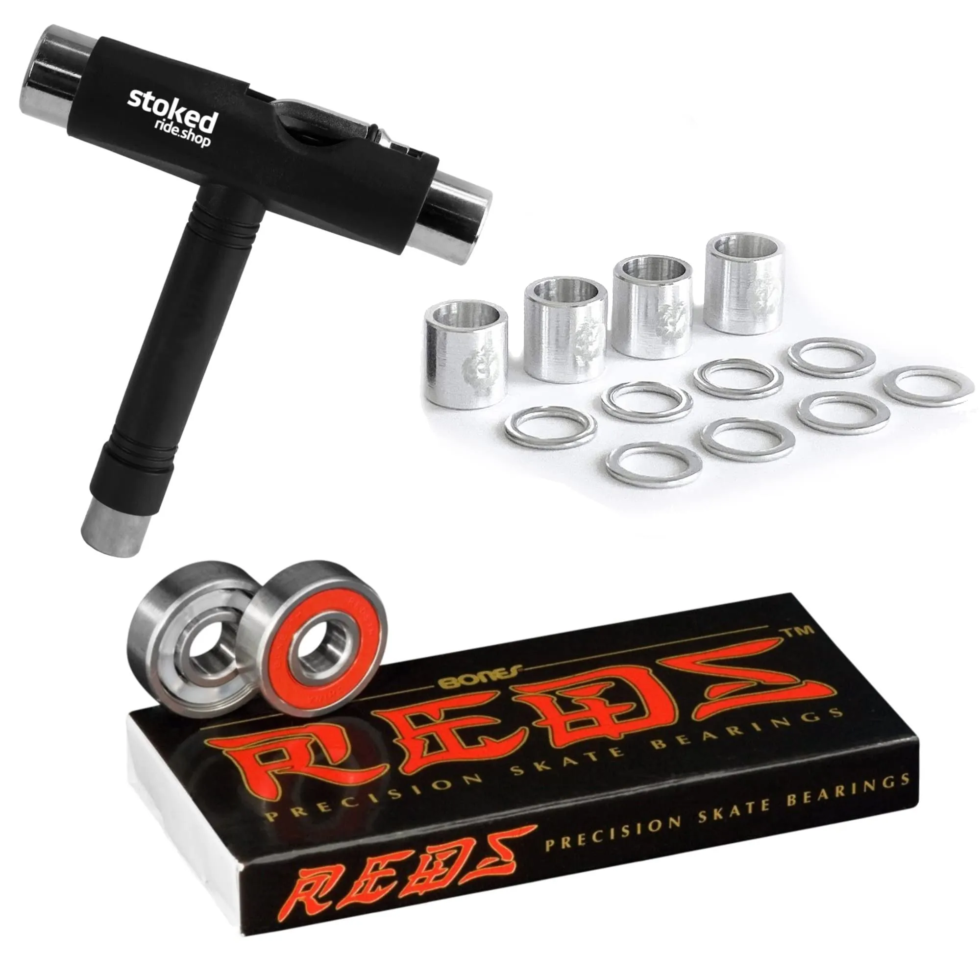 Bones Reds Skateboard Bearings 8-Pack with T-Tool & Spacers for Skateboards, Longboards, Scooters