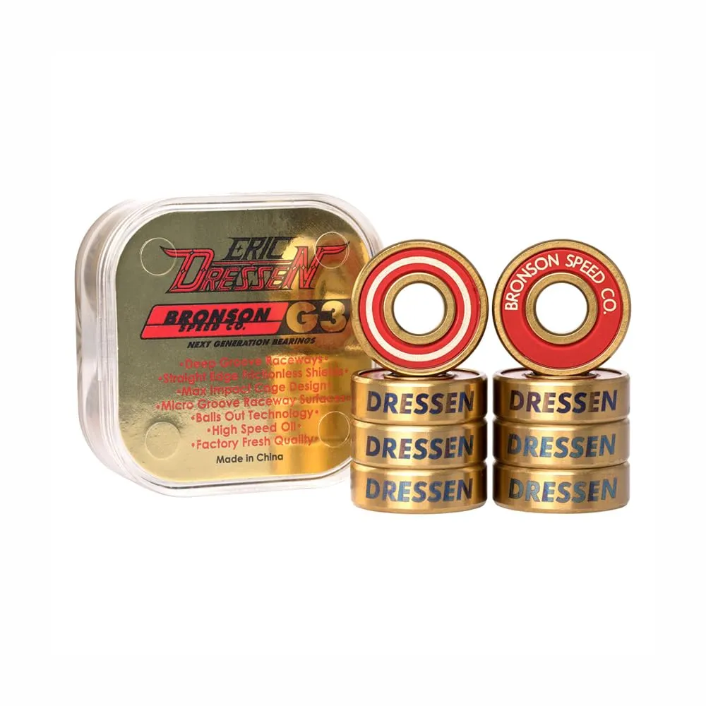 Bronson Eric Dressen Pro G3 Bearings – Metallic Gold & Red, 8-Pack with Frictionless Shields