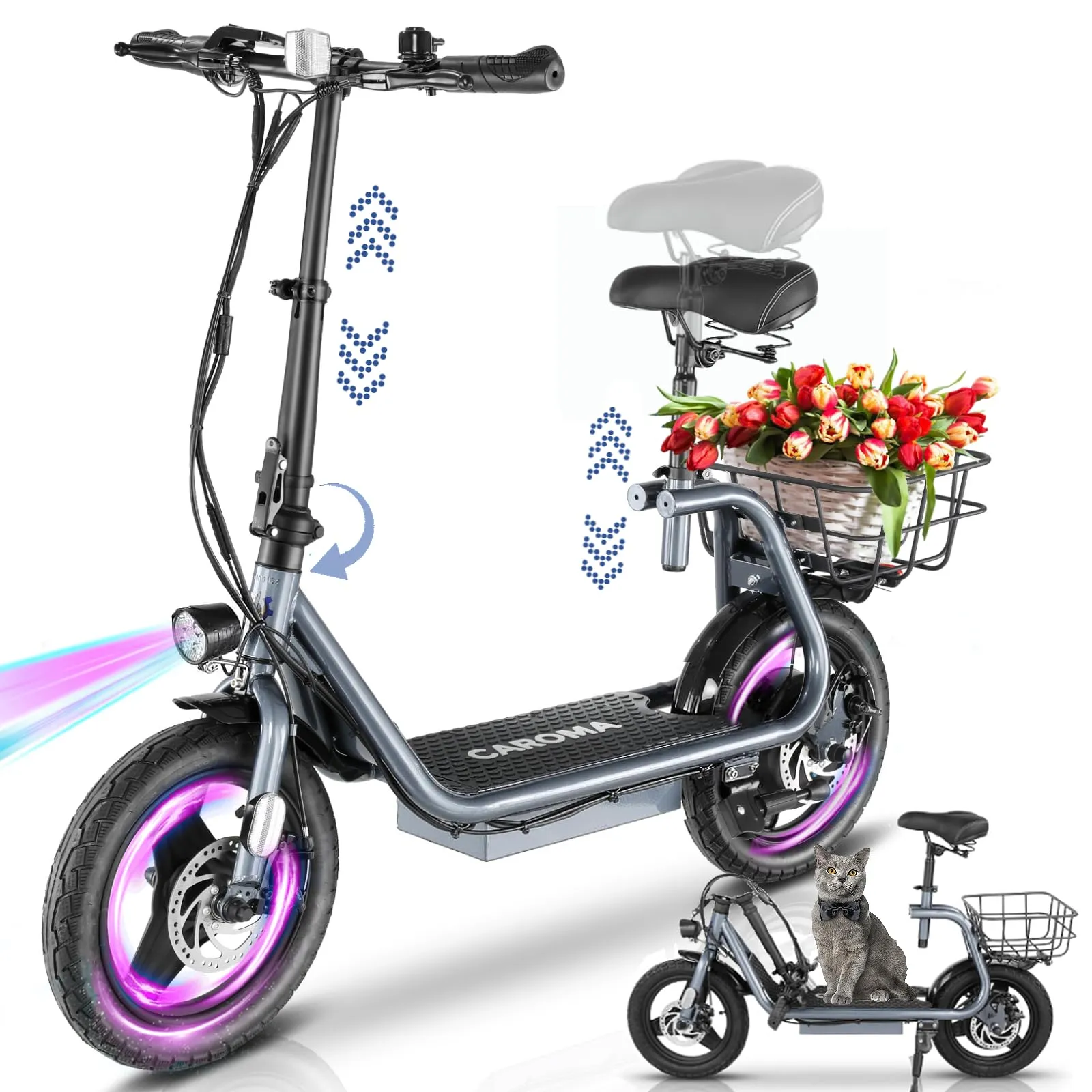 Caroma Peak 1200W Electric Scooter with 14' Tires, 30-Mile Range, Adjustable Seat & Basket