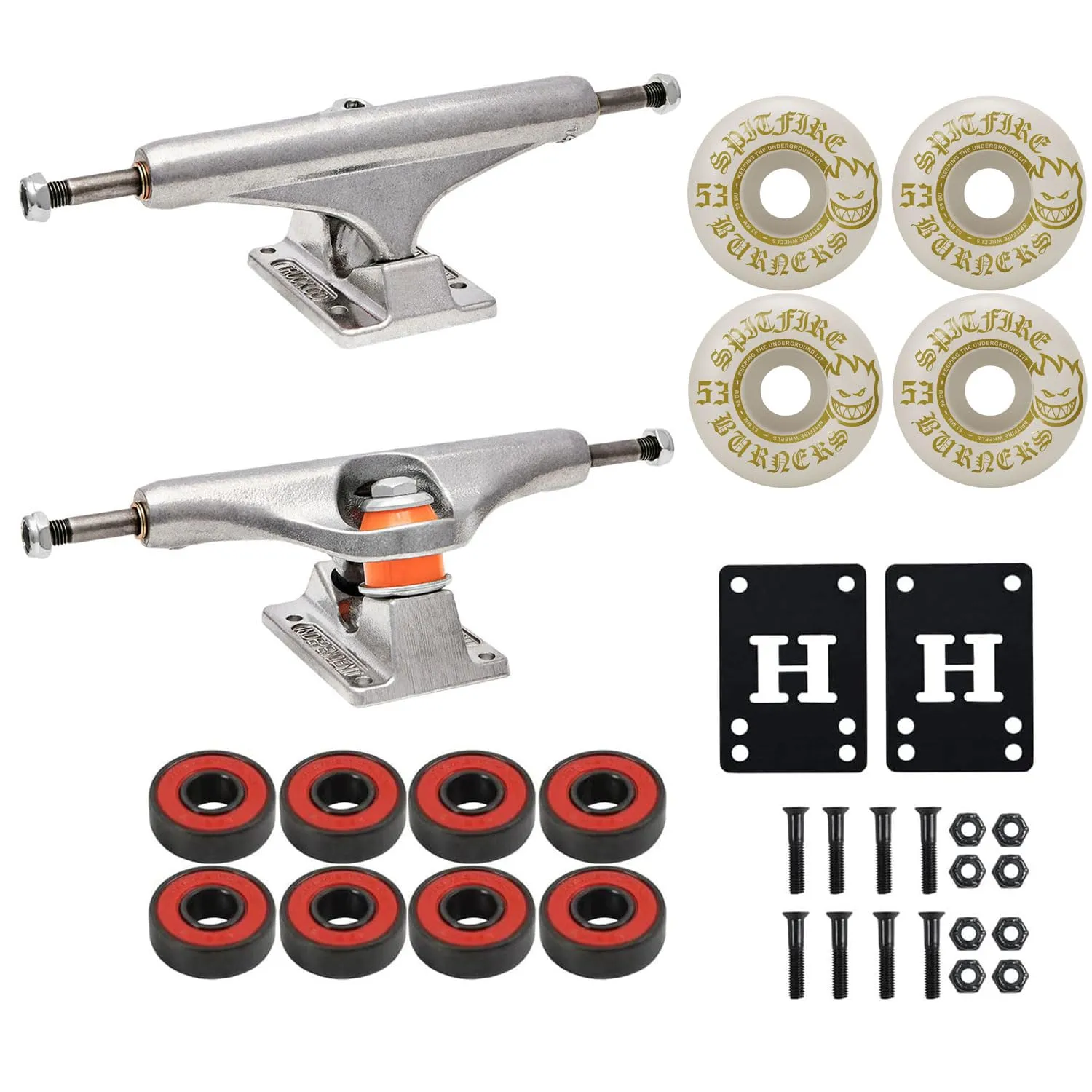 Independent 139 Mid Skateboard Trucks with 53mm Spitfire Burners Wheels & ABEC 5 Bearings