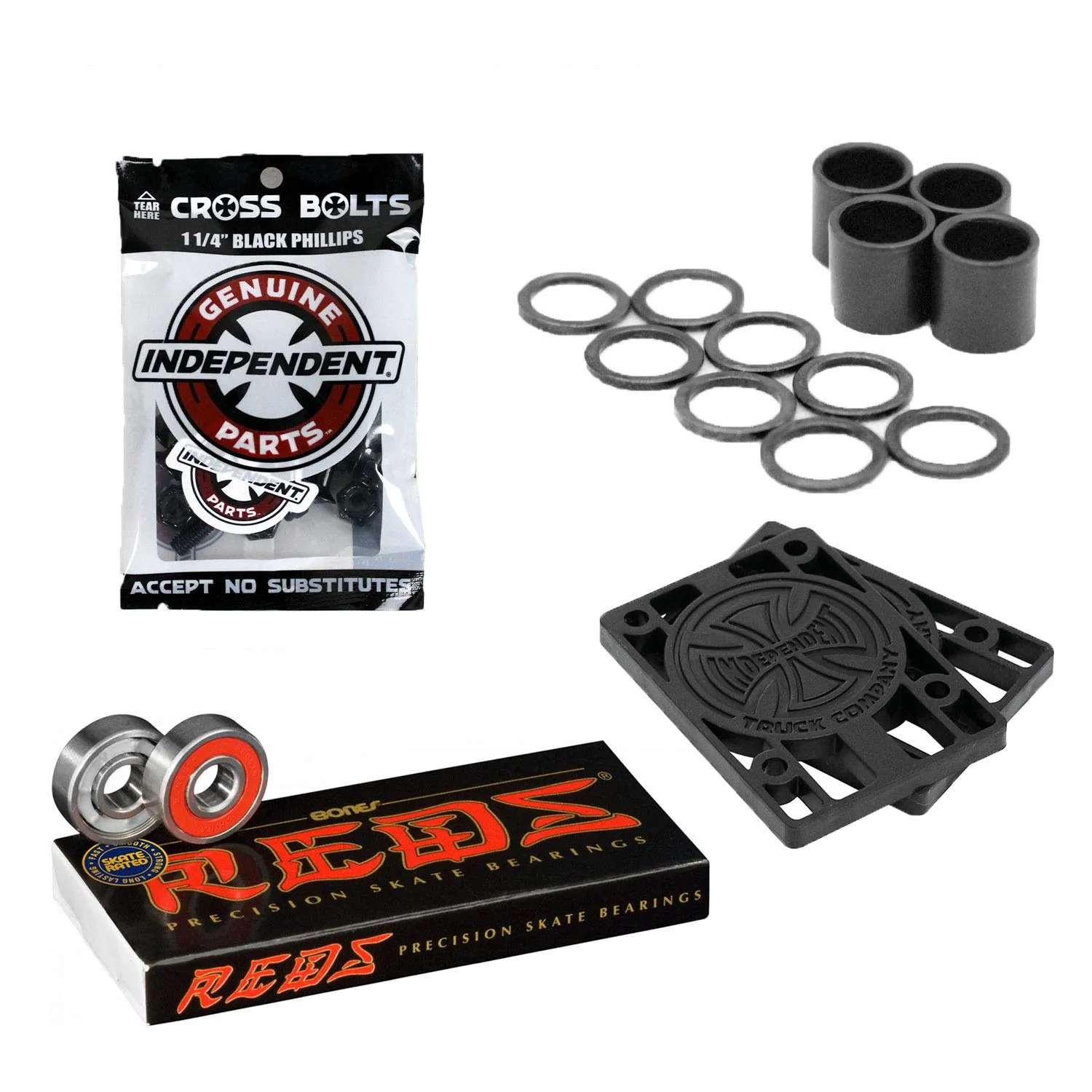 INDEPENDENT Bones Reds Skateboard Bearings with 1/4' Risers & 1.25' Phillips Mounting Hardware