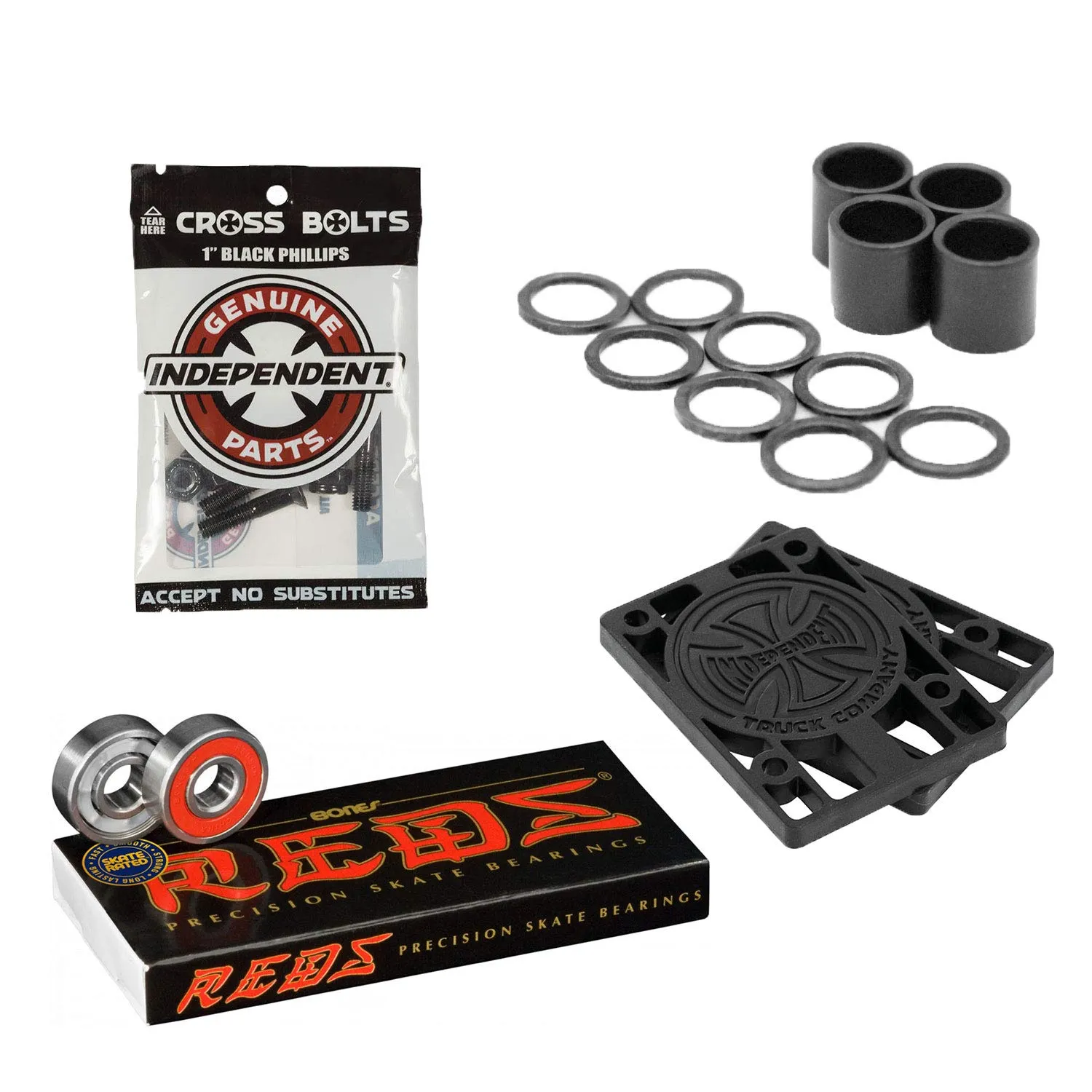 INDEPENDENT Bones Reds Skateboard Bearings with 1/8' Risers & 1' Black Mounting Hardware