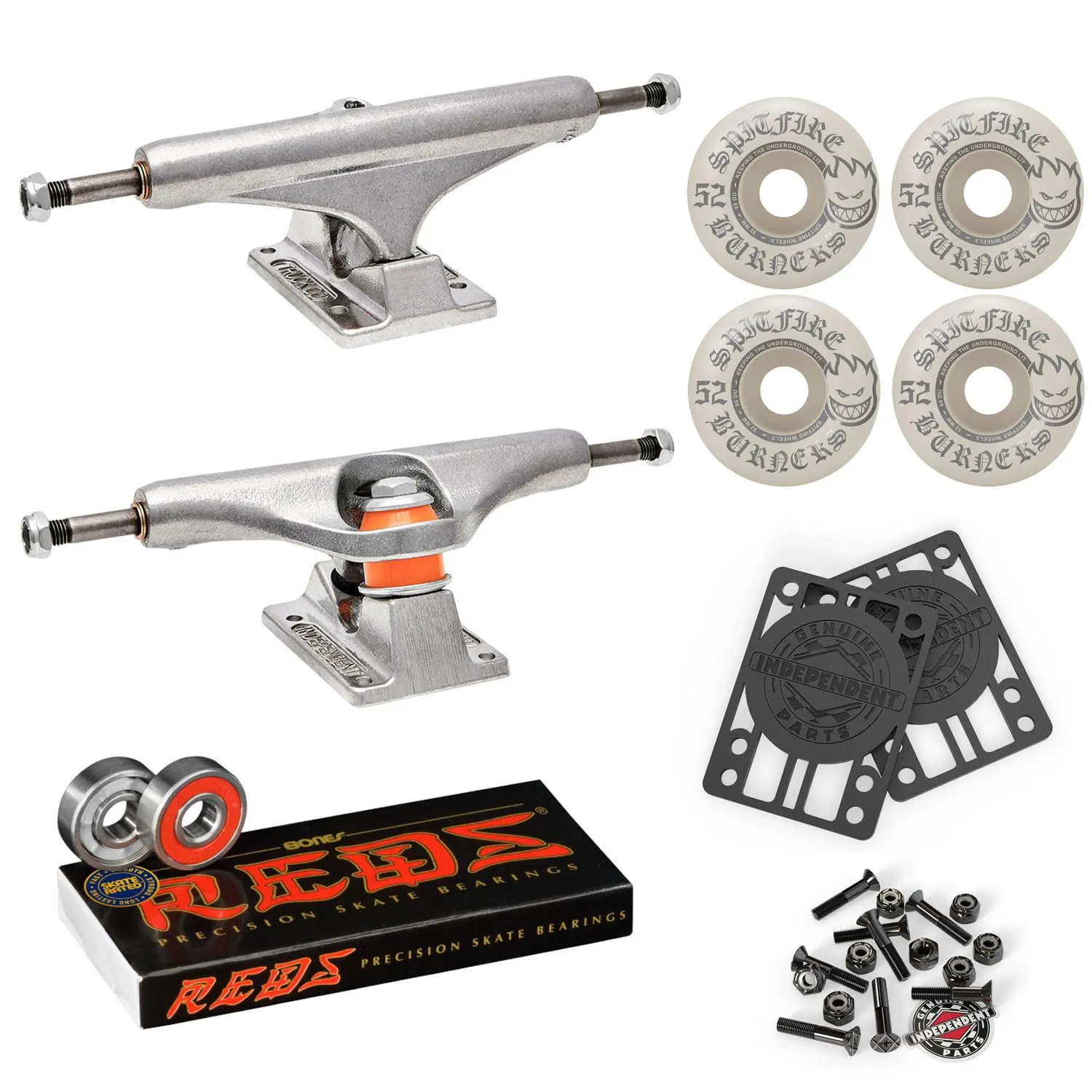 Independent Skateboard Trucks 129 Mid + 52mm Spitfire Burners Wheels & Bones Bearings Complete Set