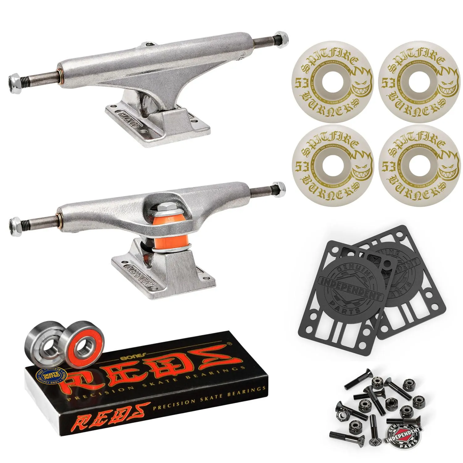 Independent Skateboard Trucks 129 Mid + 53mm Spitfire Burners Wheels + Bones Bearings