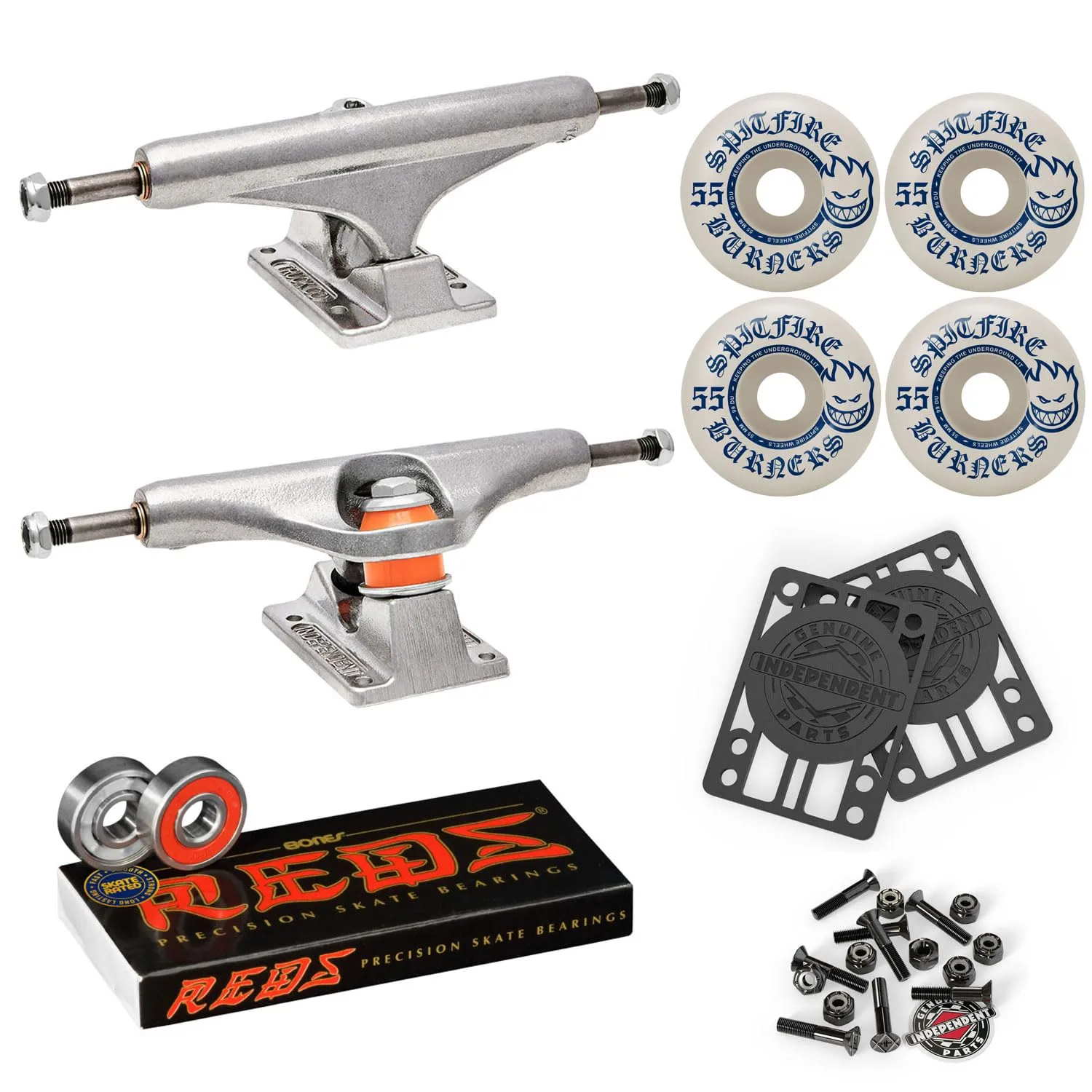 Independent Skateboard Trucks 129 Mid + 55mm Spitfire Burners Wheels & Bones Bearings Kit