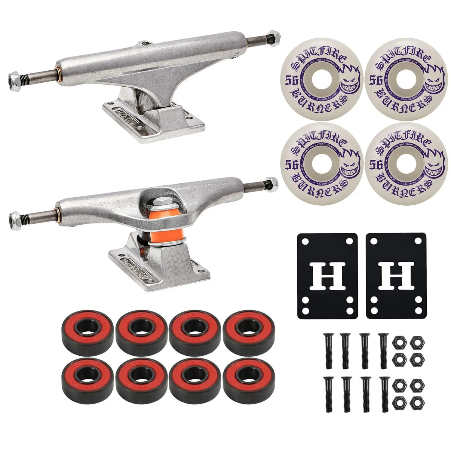 Independent Skateboard Trucks 129 Mid + 56mm Spitfire Burners Wheels & ABEC 5 Bearings Kit