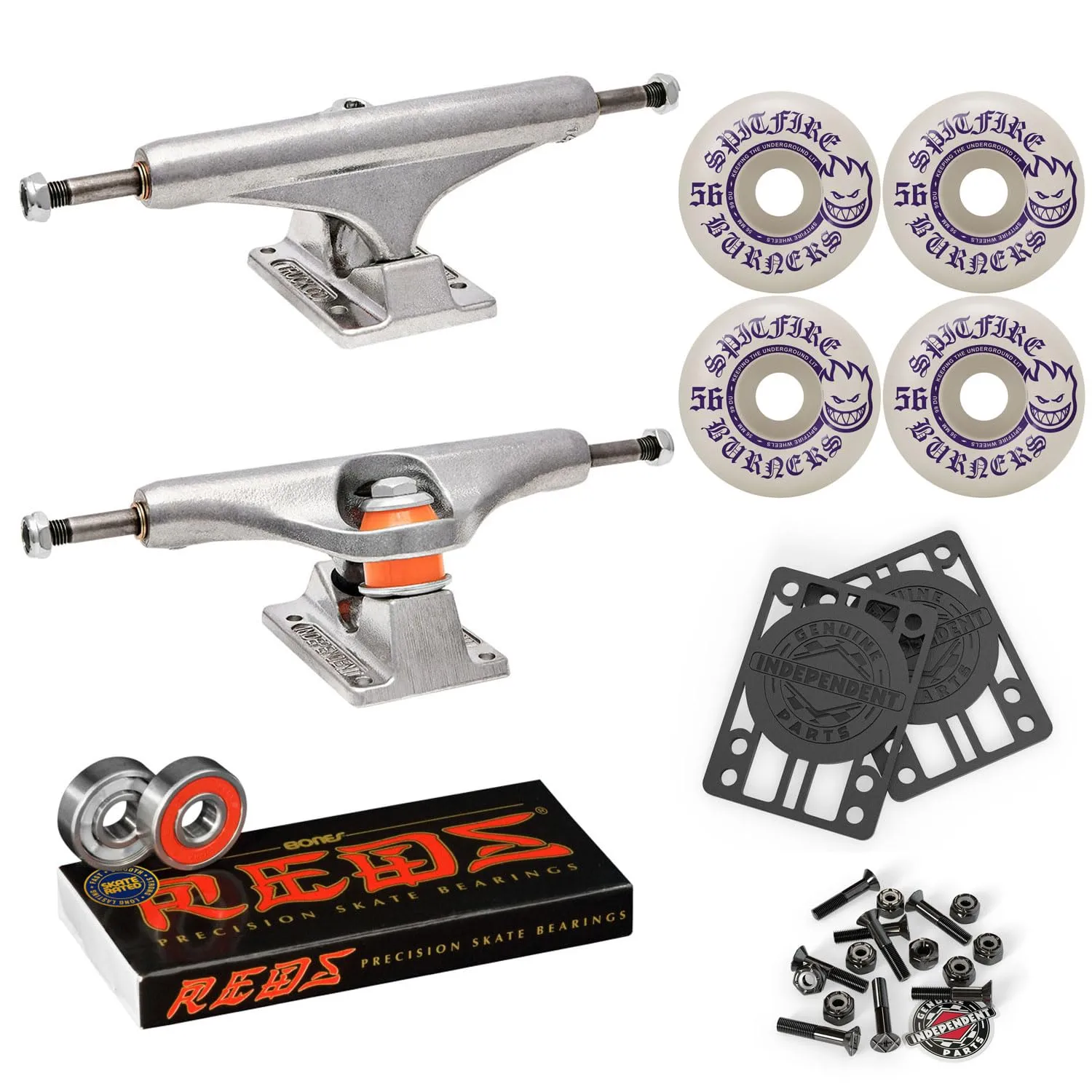 Independent Skateboard Trucks 129 Mid, Spitfire 56mm Burners Wheels, Bones Bearings Set