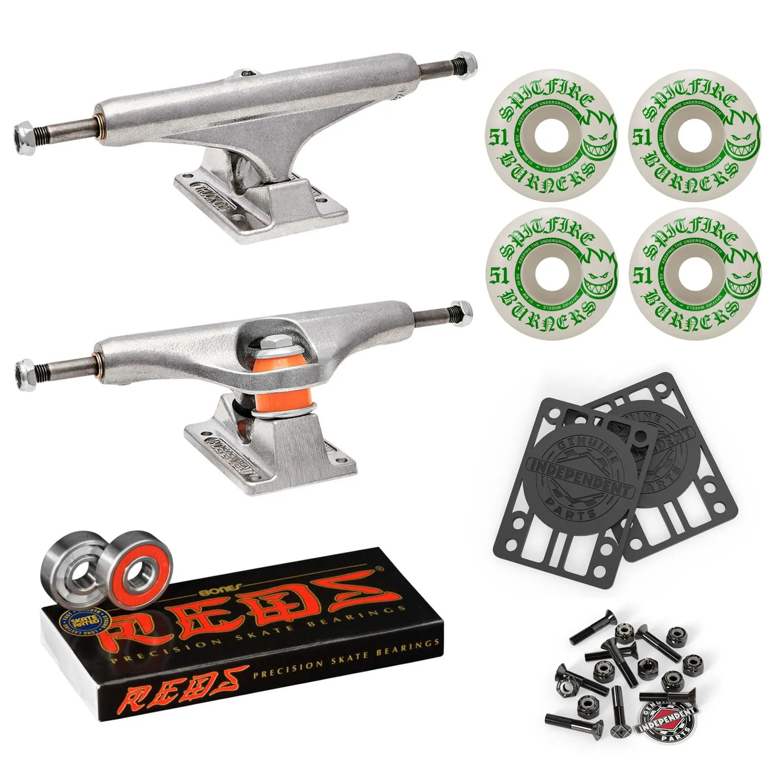 Independent Skateboard Trucks 129 Mid with Spitfire 51mm Burners Wheels & Bones Bearings