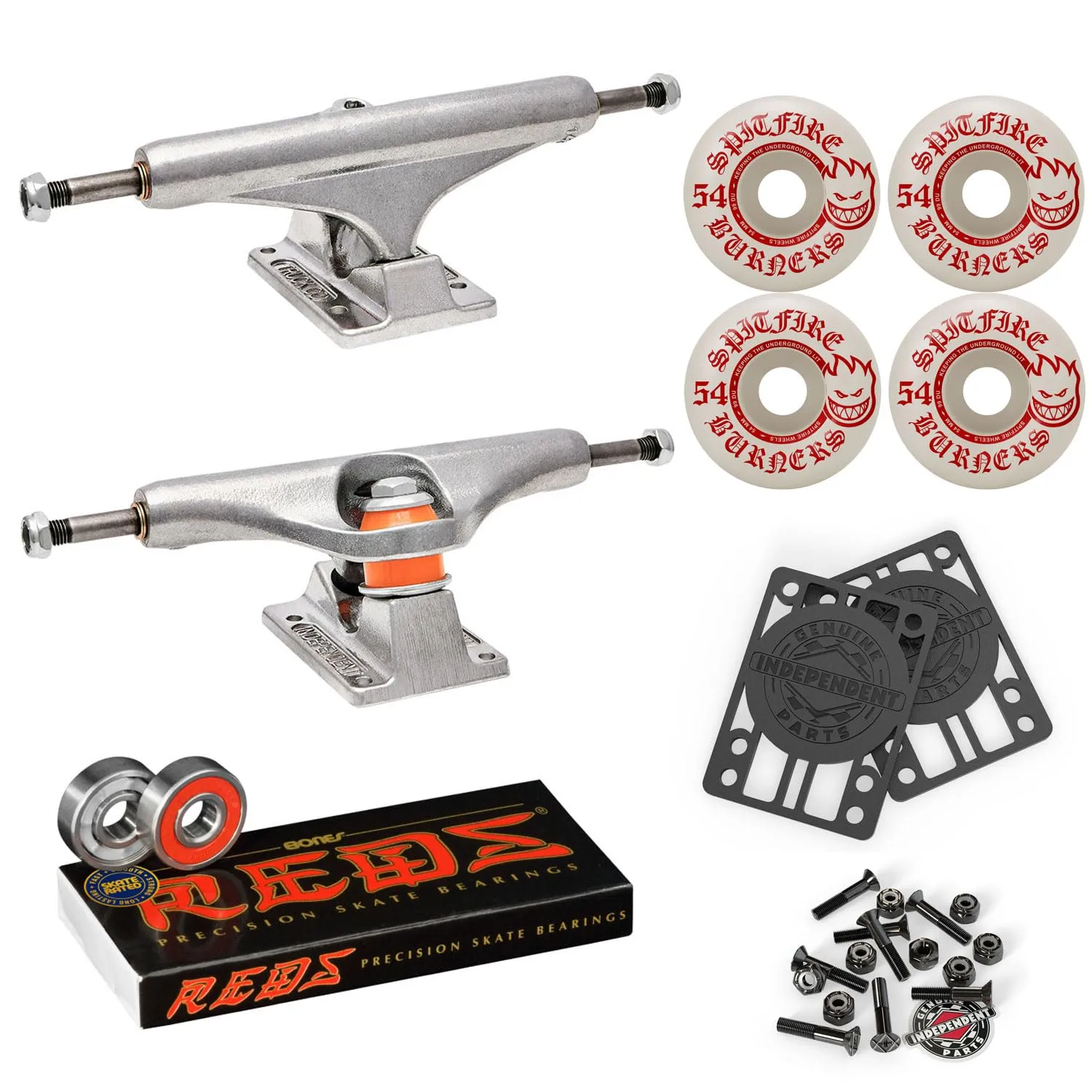 Independent Skateboard Trucks 129 Mid with Spitfire 54mm Burners Wheels and Bones Bearings