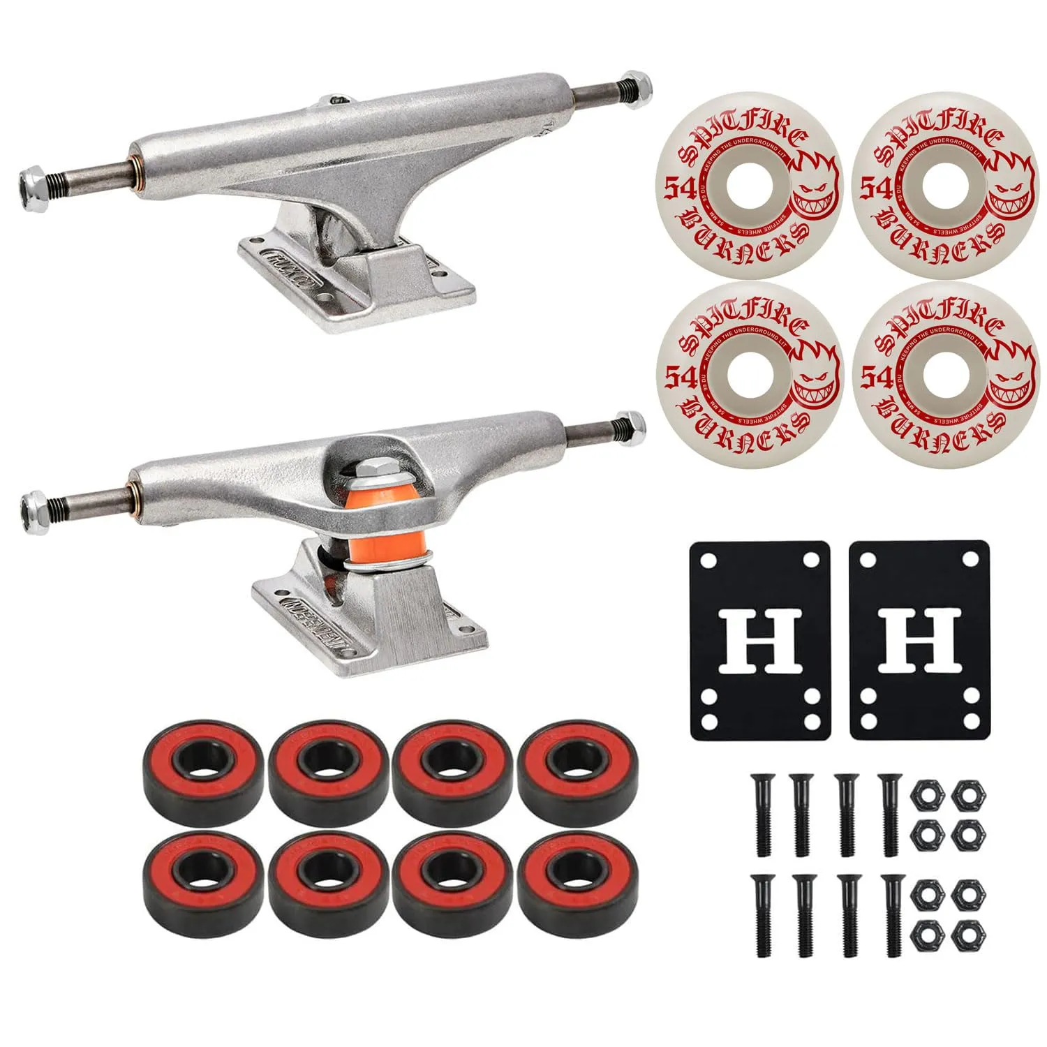 INDEPENDENT Skateboard Trucks 144 Mid + 54mm Spitfire Burners Wheels, ABEC 5 Bearings Kit