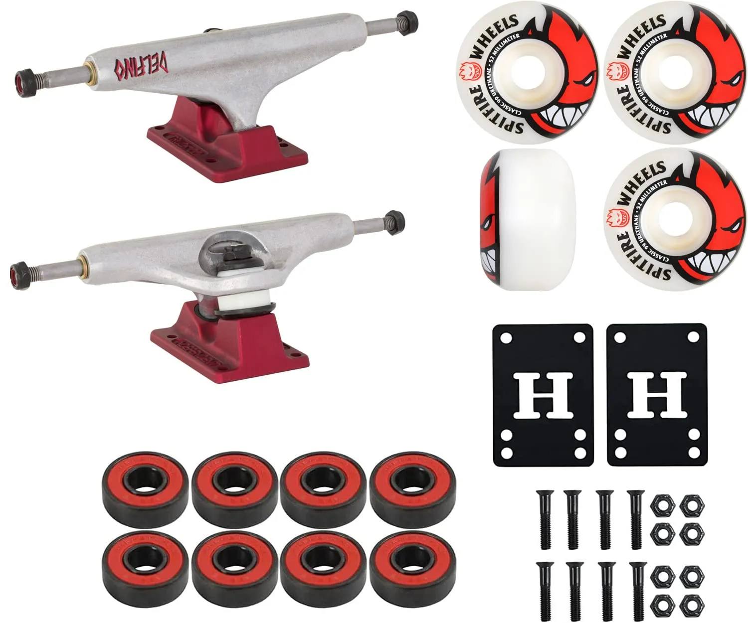 Independent Skateboard Trucks Hollow Delfino Pro Red 139 8.0' with 52mm Spitfire Wheels