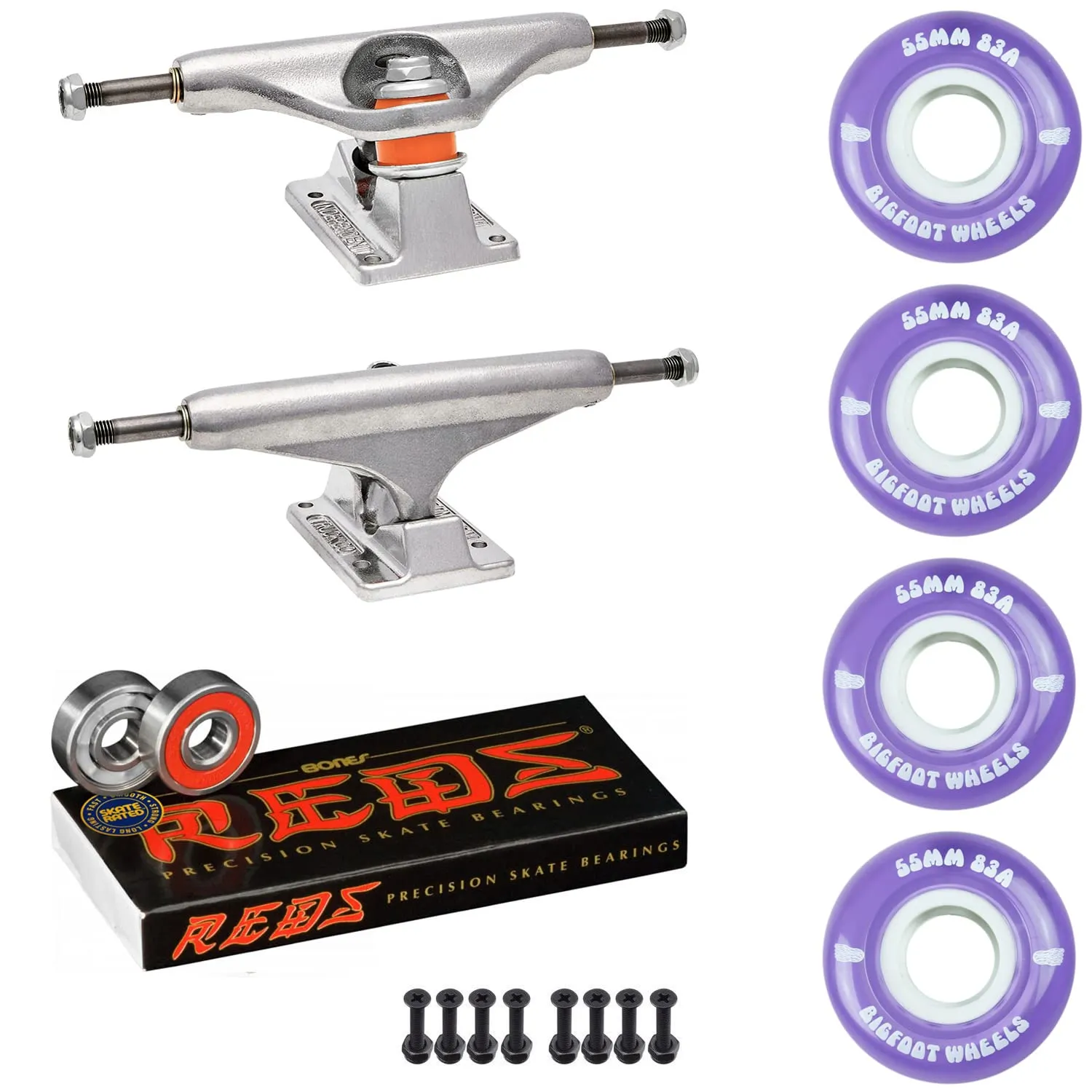 Independent Skateboard Trucks Kit with 55mm Bigfoot 83A Wheels, Bones Reds Bearings, Hardware