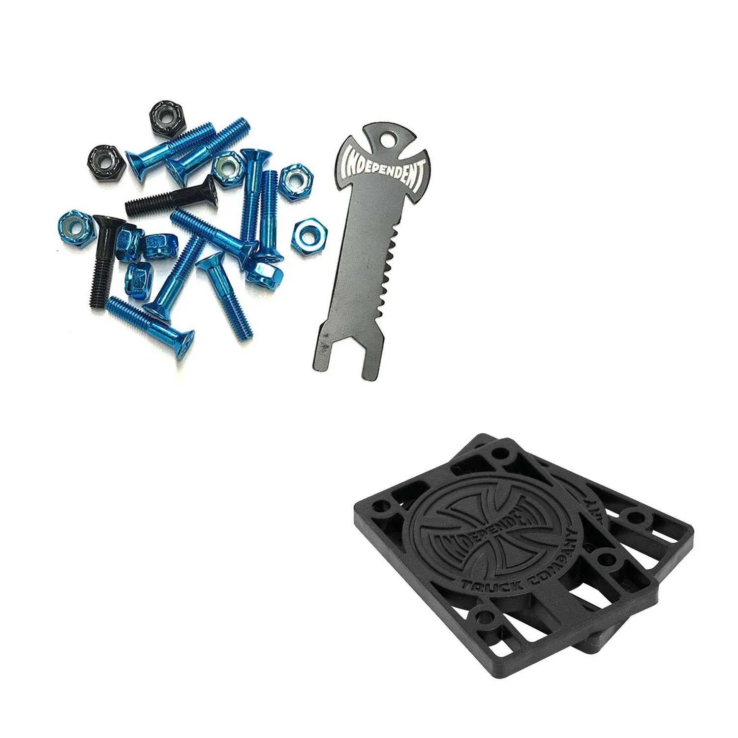 INDEPENDENT Trucks 1' Black/Blue Hardware Set with Tool & Risers for Skateboards