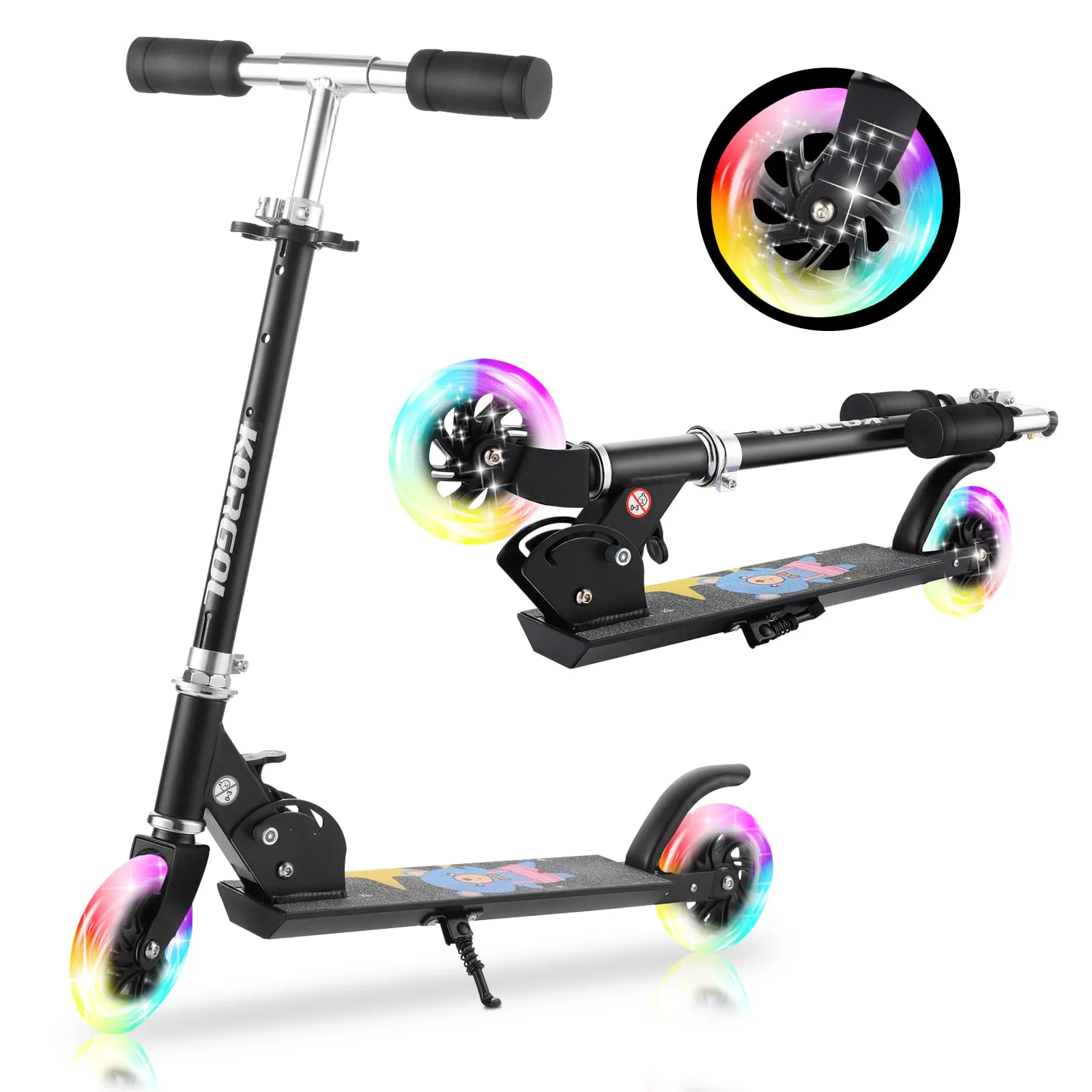 Kids Kick Scooter with LED Light-Up Wheels, Adjustable Handlebar, Lightweight, Foldable, Pink