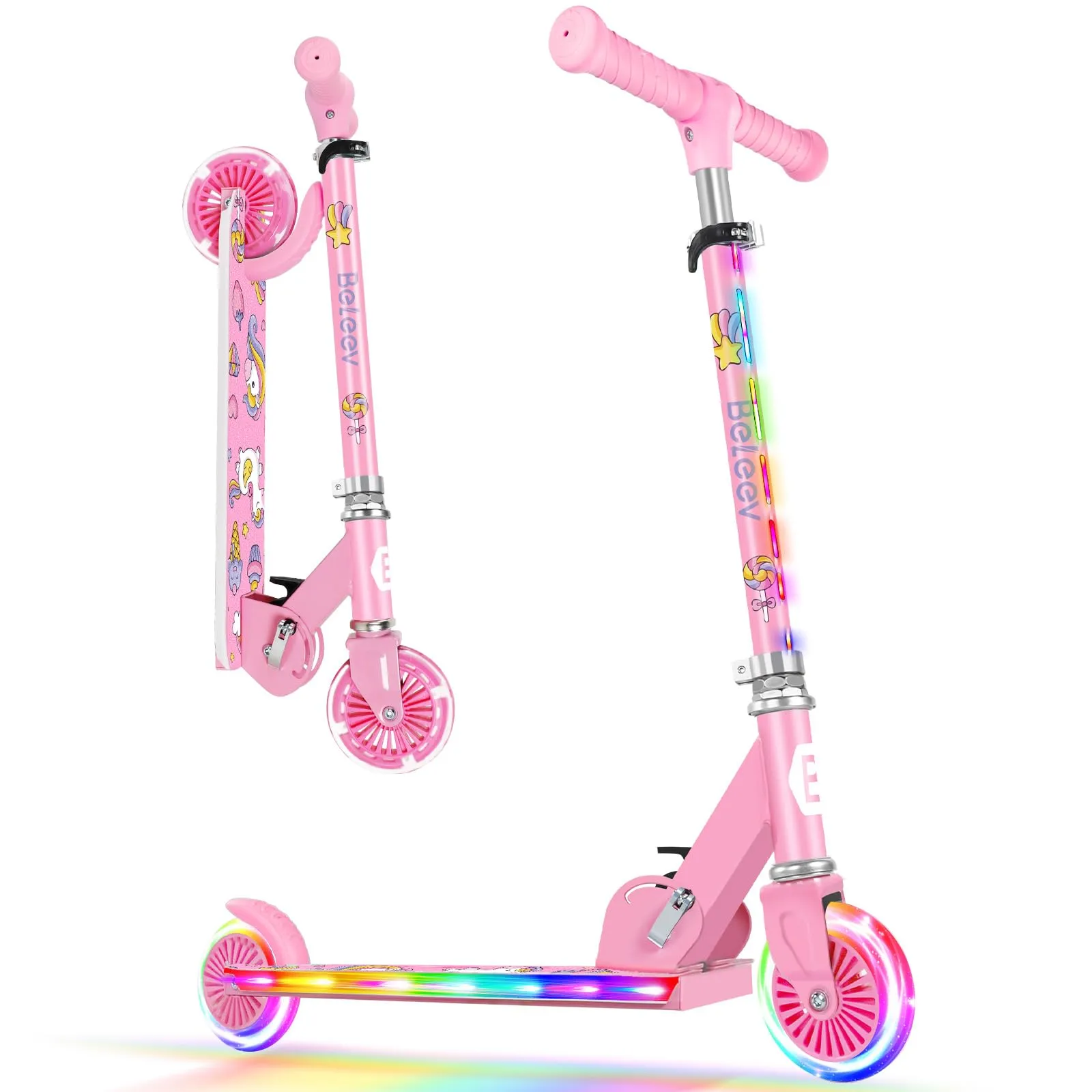 Light-Up BELEEV V2 Kids Scooter with Adjustable Height, Non-Slip Deck, and Foldable Design