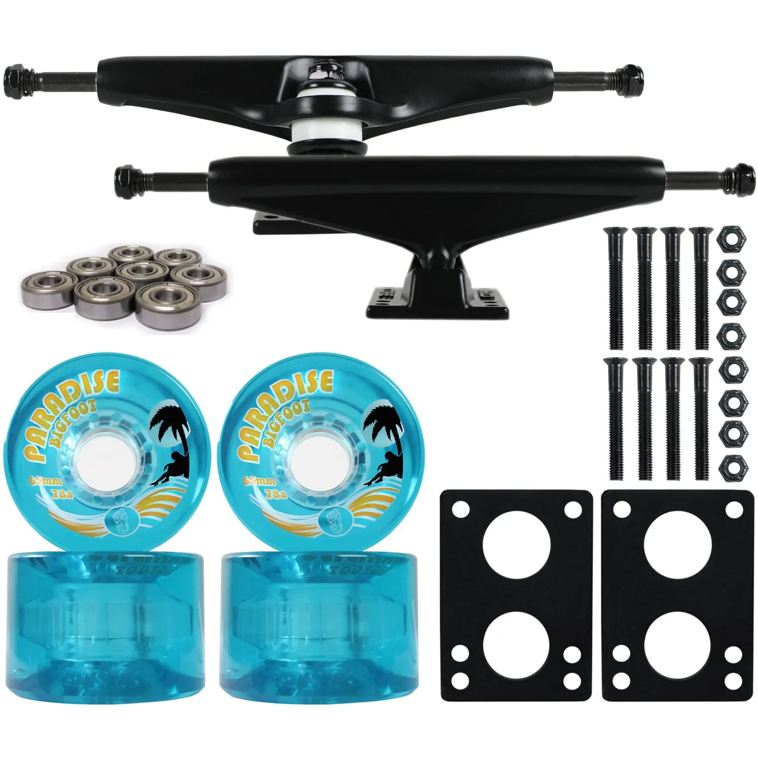 Longboard Skateboard Trucks Combo Set with 65mm Bigfoot Islanders Wheels, Black Trucks & Bearings