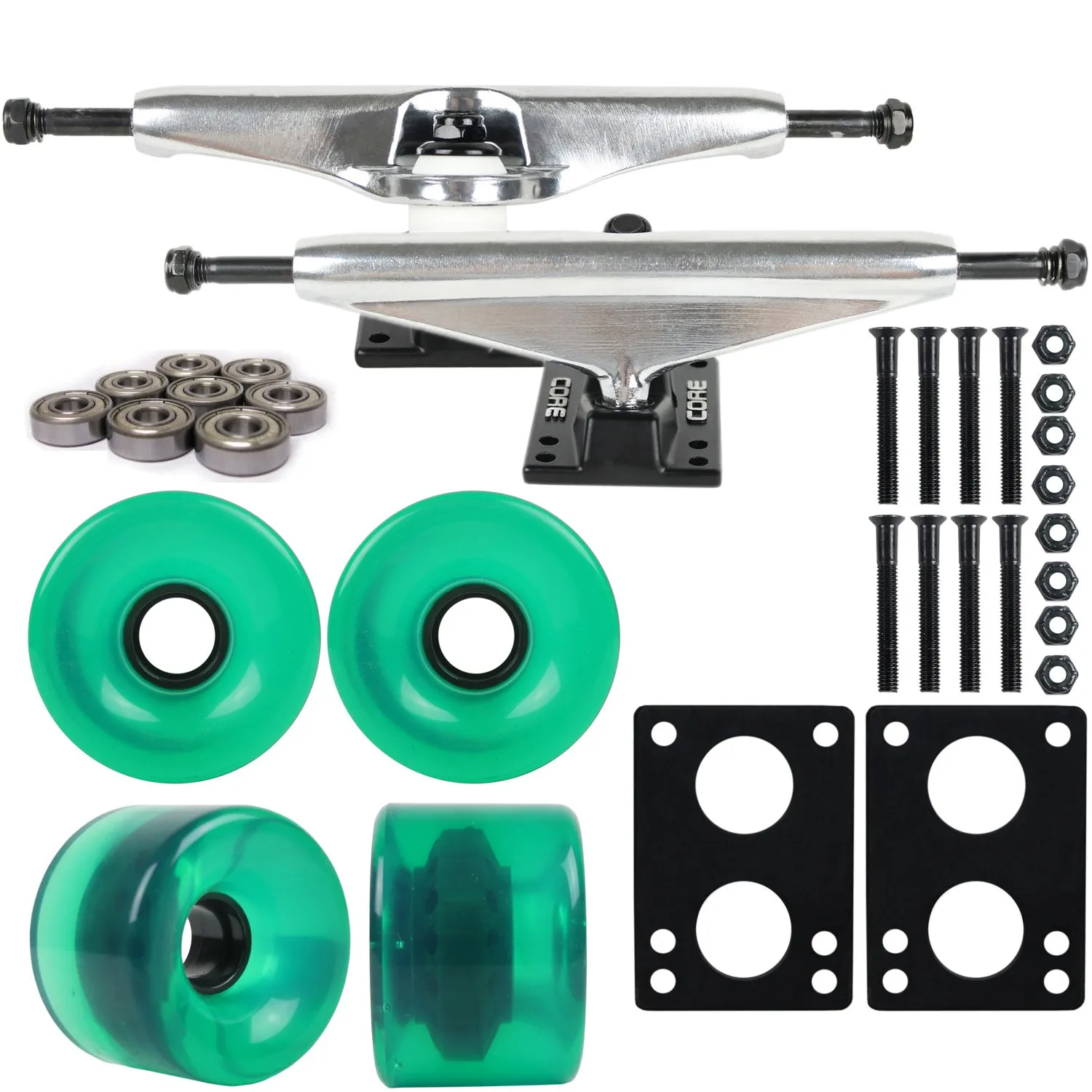 Longboard Skateboard Trucks Combo Set with 76mm Wheels, Silver Trucks, Bearings & Hardware