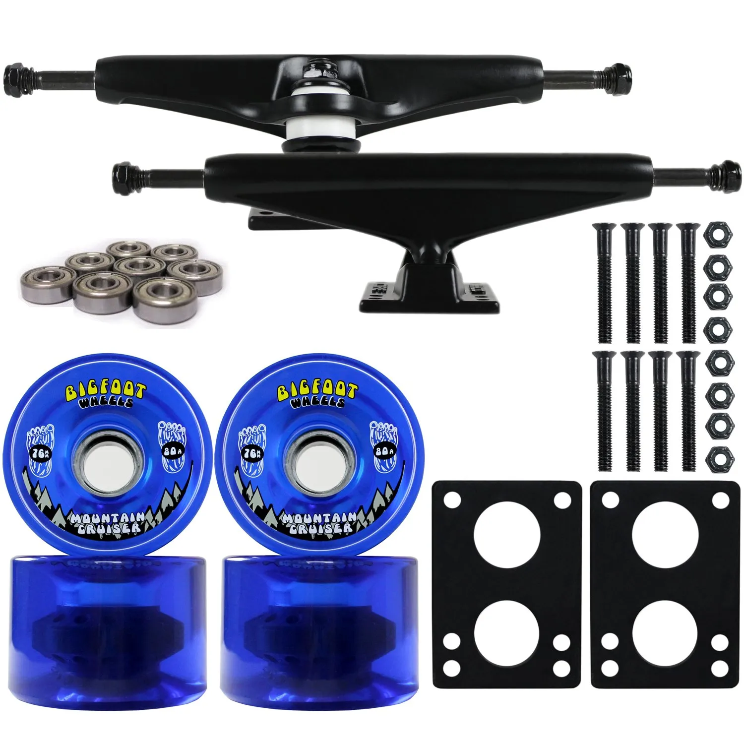 Longboard Trucks Combo Set with 76mm Blue Bigfoot Wheels, Black Trucks, Bearings & Hardware