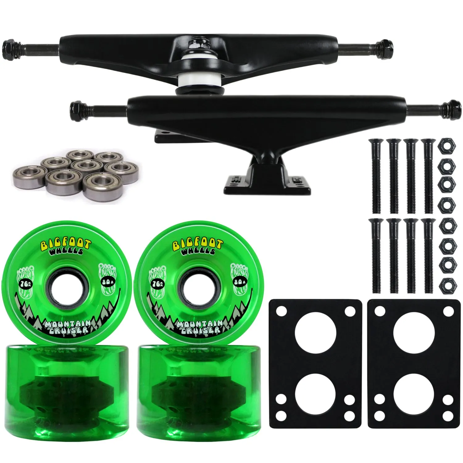 Longboard Trucks Combo Set with 76mm Green Bigfoot Wheels, Black Trucks, Bearings & Hardware