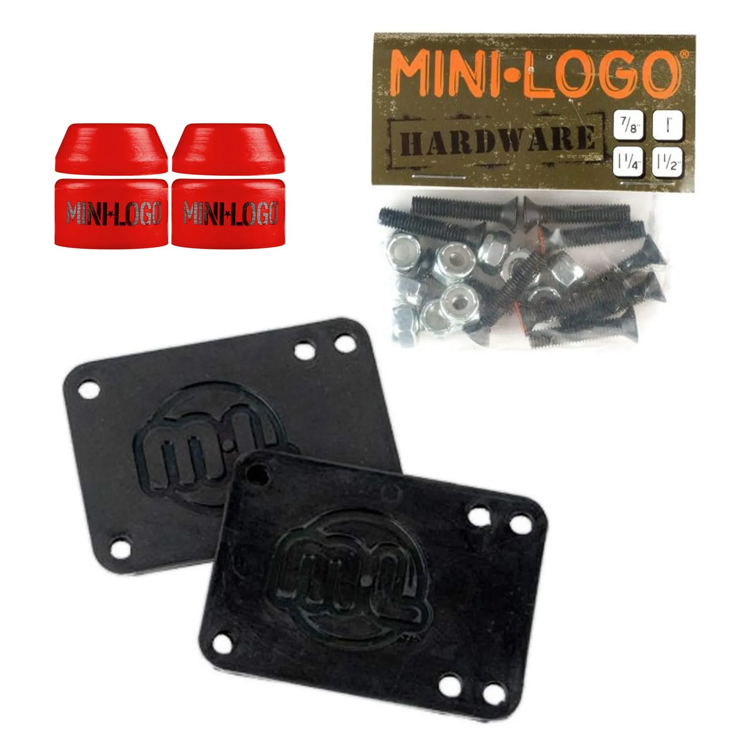 Mini Logo Skateboard Bushings 100A Cylinder Red with 1/8' Risers & 1' Phillips Hardware