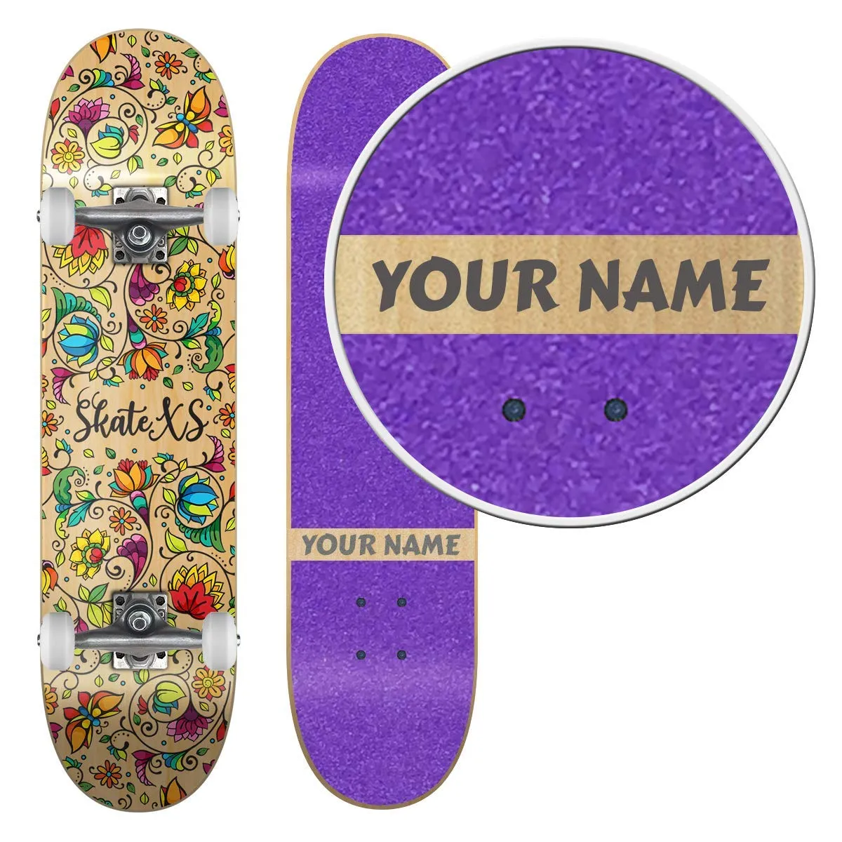 Personalized SkateXS Beginner Flowers Street Skateboard for Kids, 7.4x30, Custom Name Option