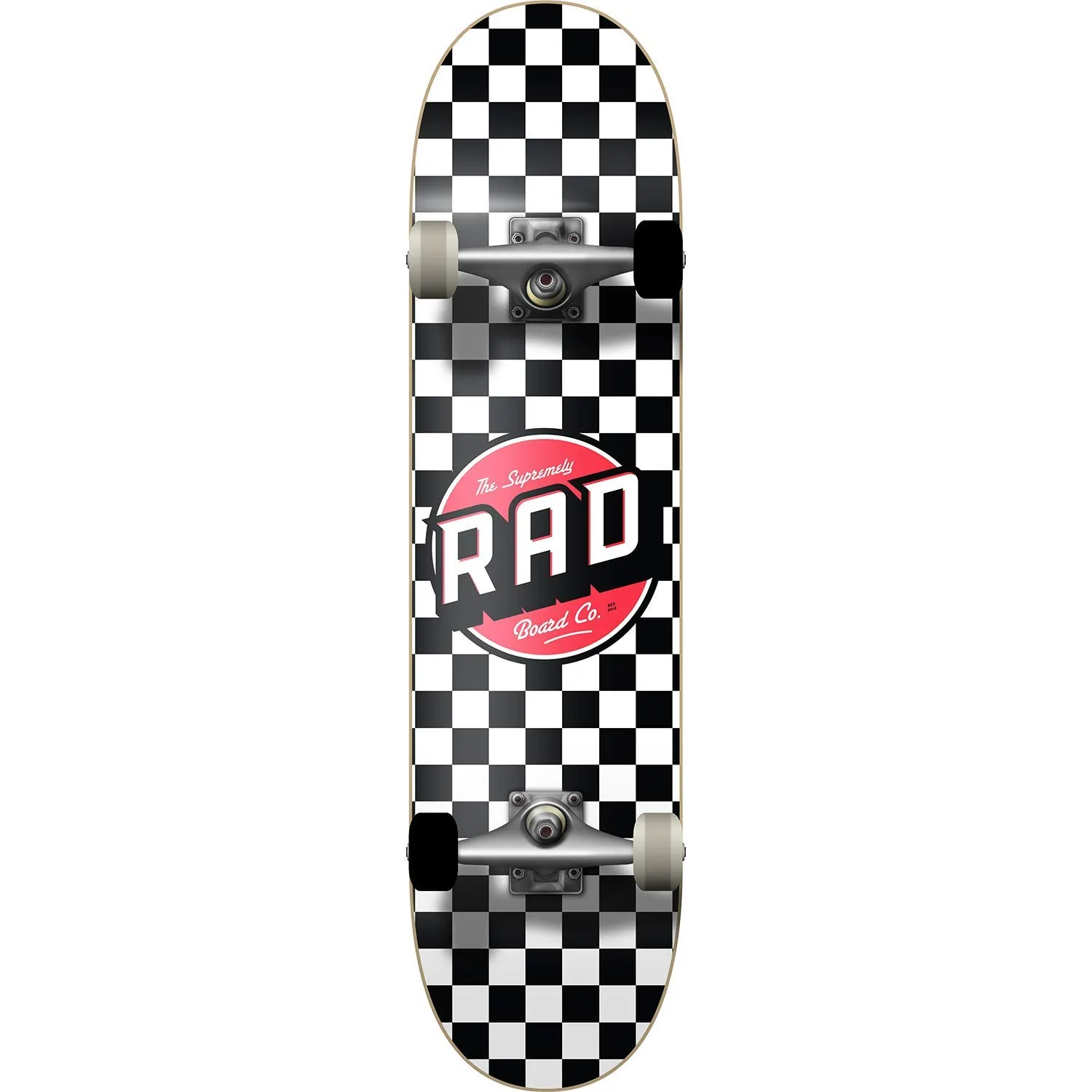 Rad Checker Complete Skateboard 7.5' White/Black - Prebuilt, Ready to Skate, Durable Components