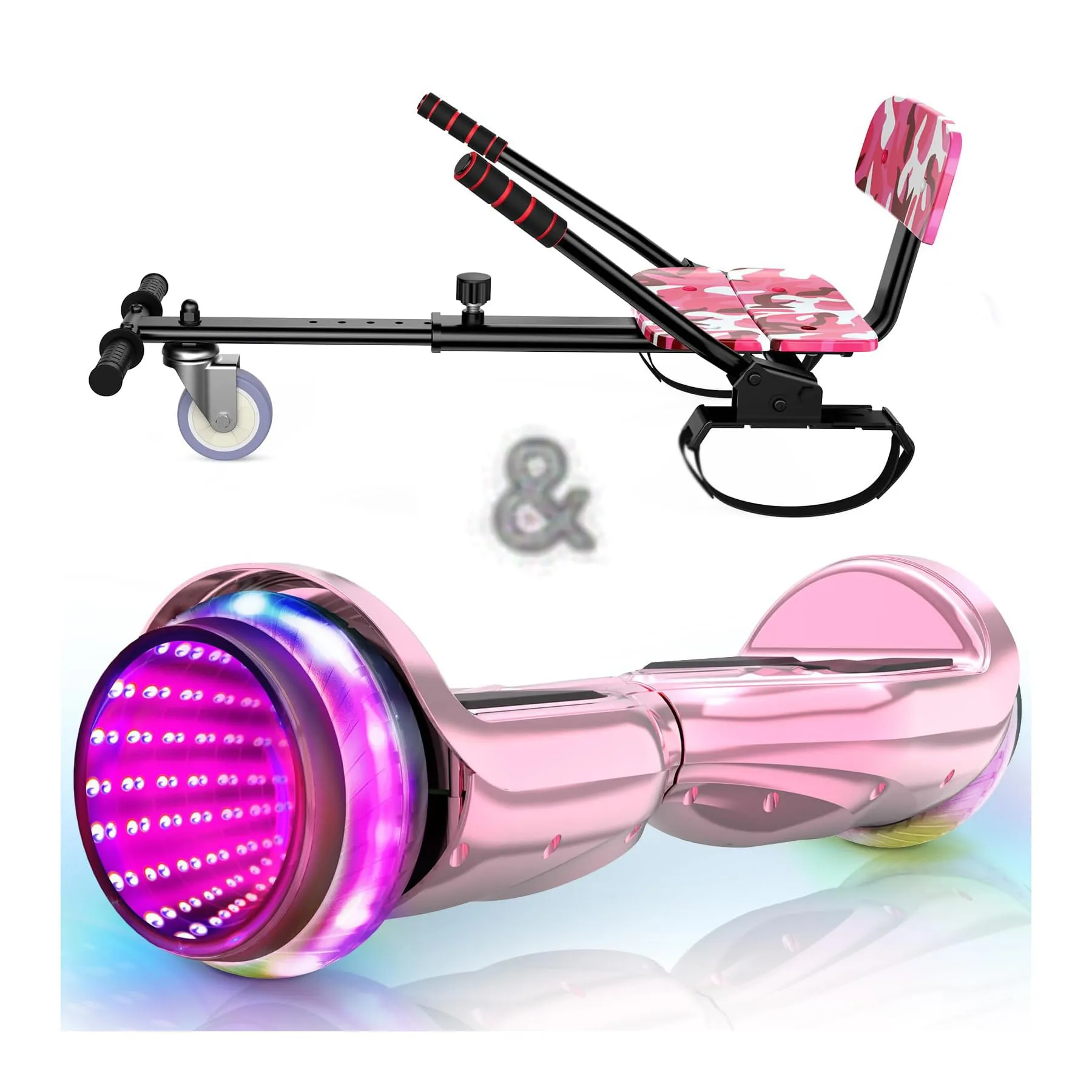 SISIGAD 2-in-1 Hoverboard with Seat Attachment – 6.5' Self-Balancing Pink Scooter with LED & Bluetooth