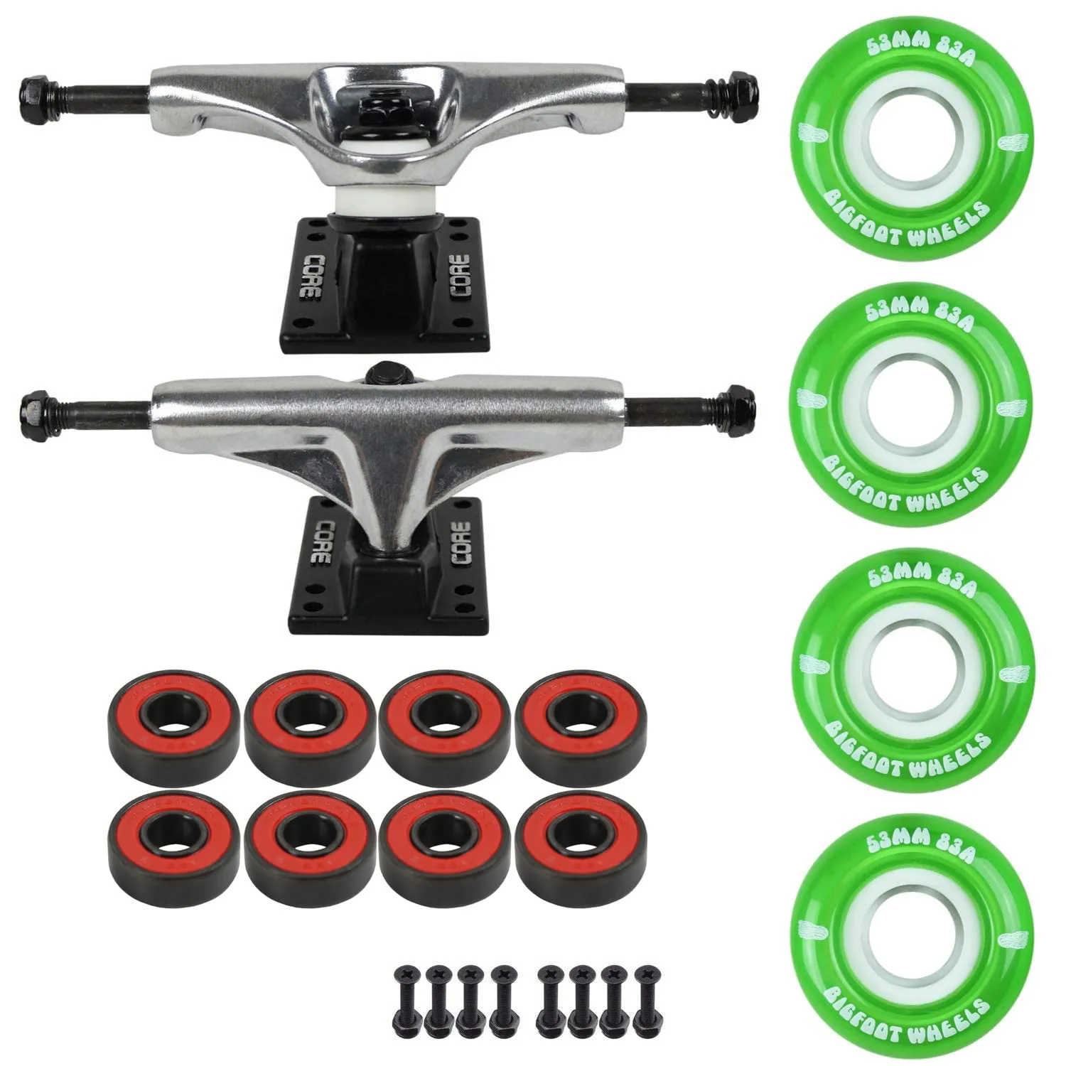 Skateboard Cruiser Trucks & Wheels Package 83A Soft Wheels ABEC 5 Bearings (53mm Green)