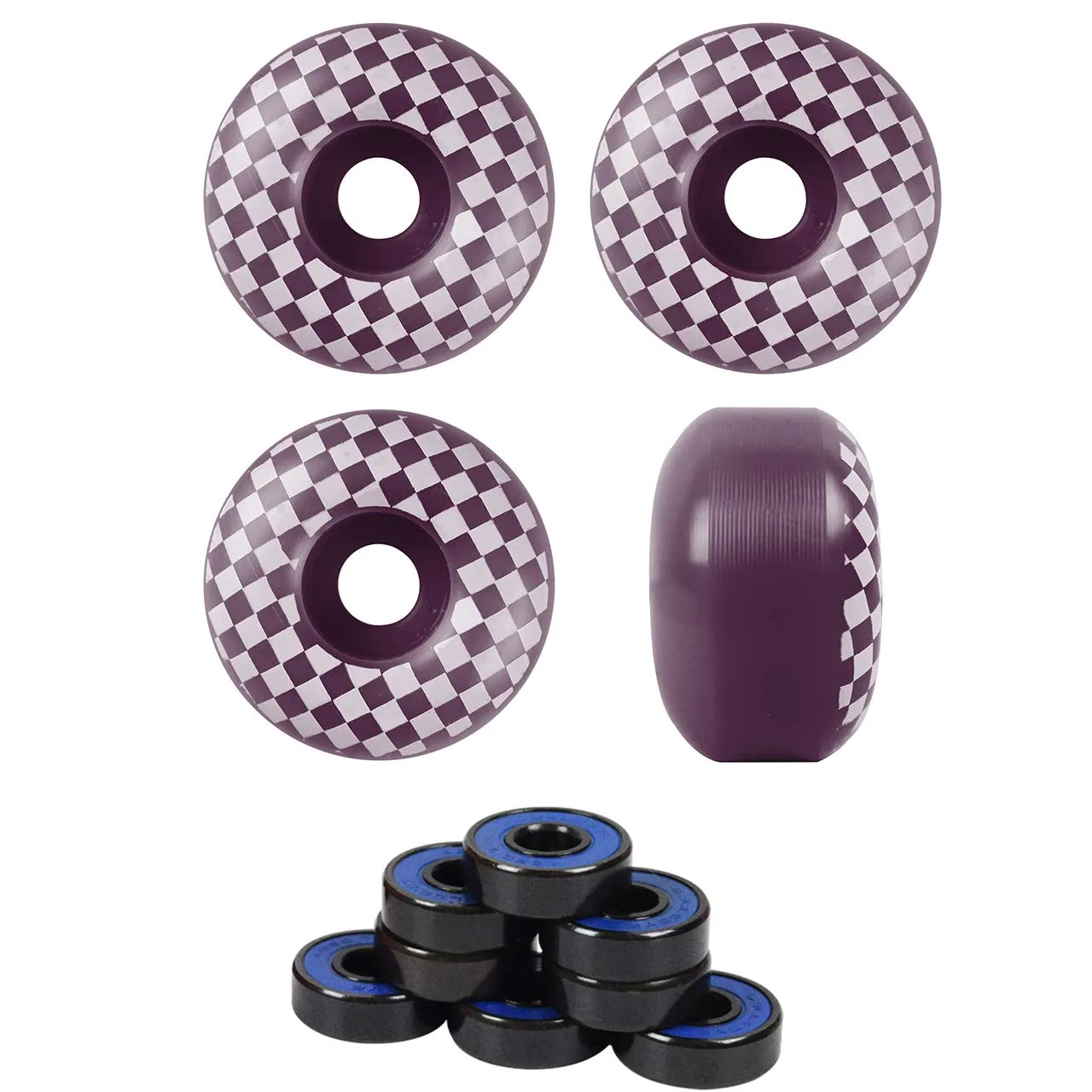 Skateboard Wheels 58mm with ABEC 7 Bearings & Spacers - Eggplant/White Checker Design