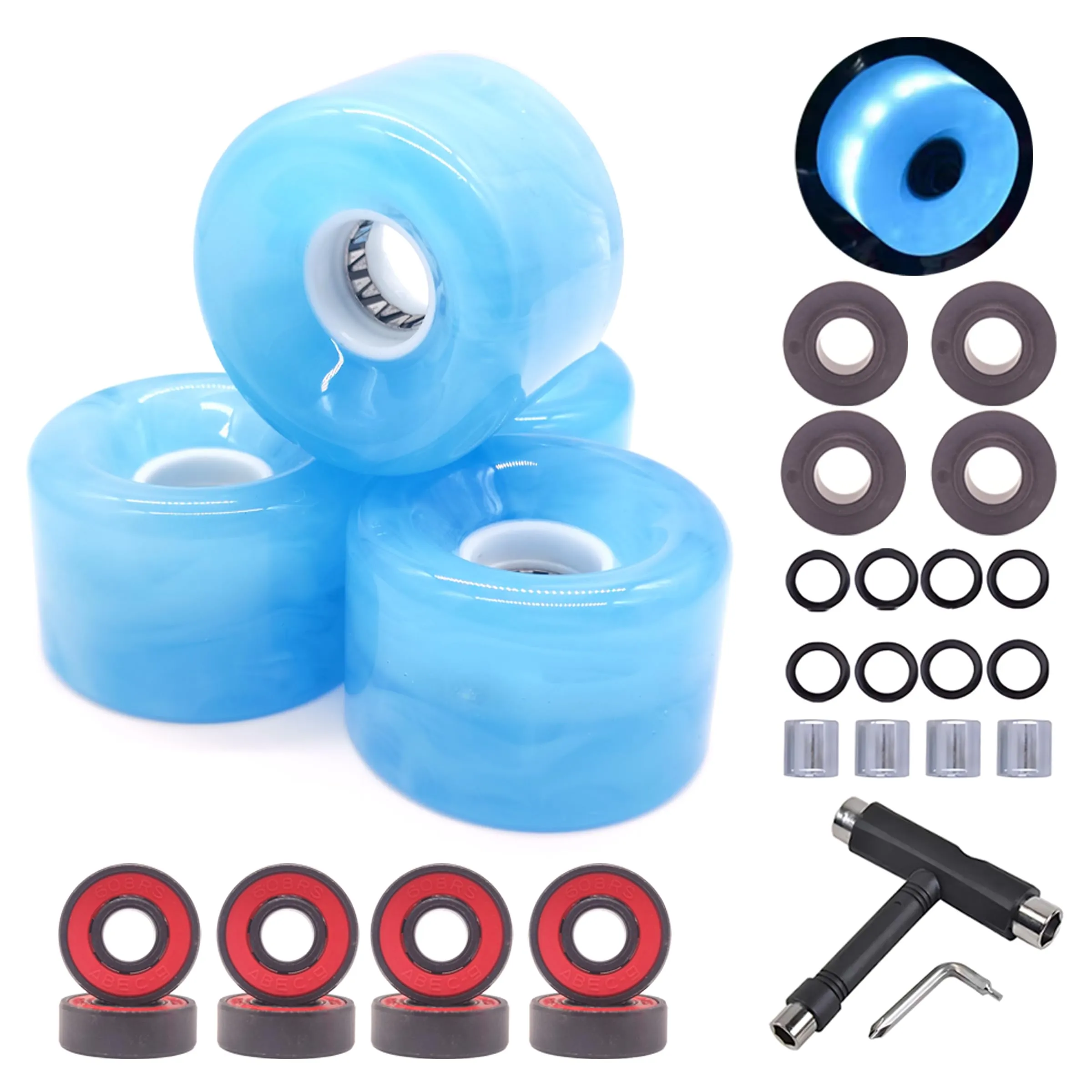 Skateboard Wheels 65mm 78A with Bearings & Spacers, Ideal for Cruisers & Longboards