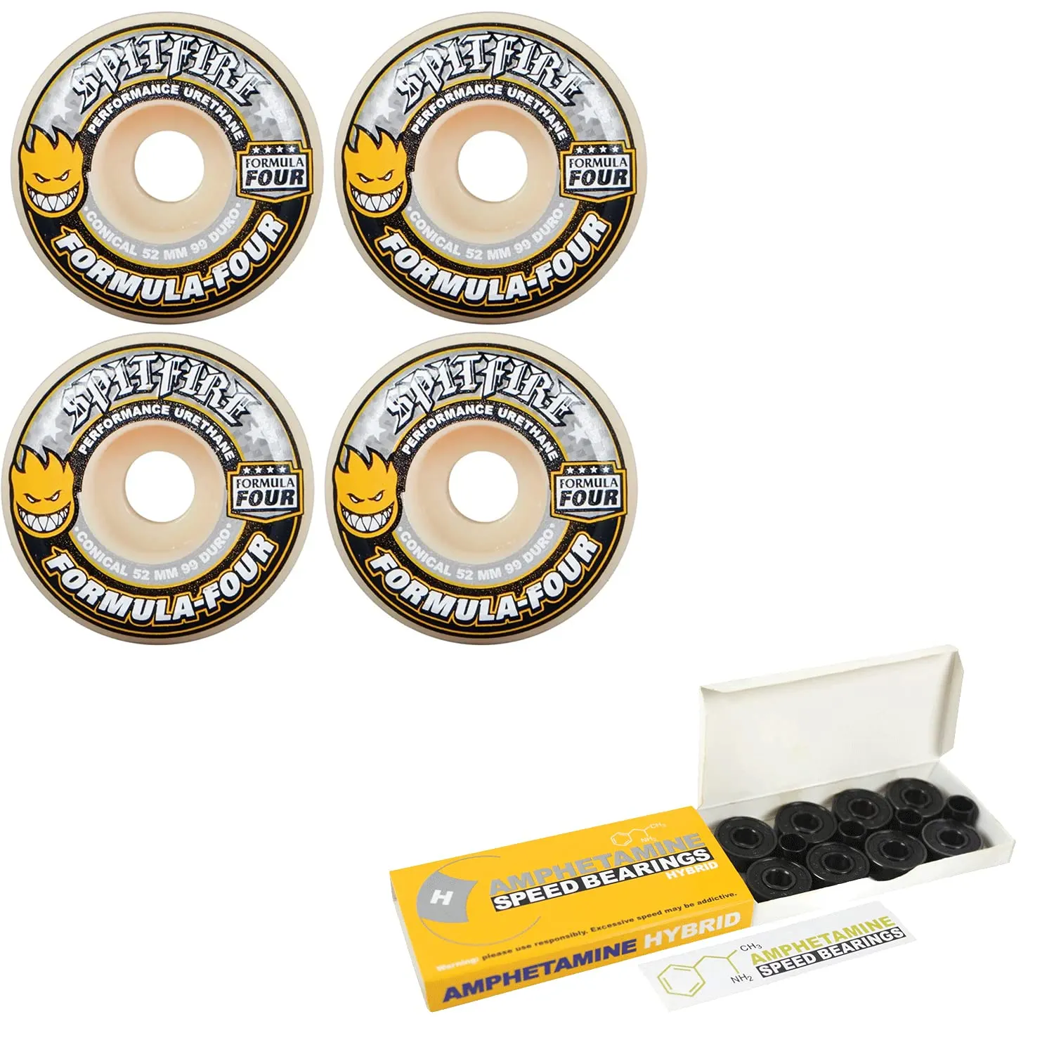 Spitfire 52mm F4 99A Conical Skateboard Wheels + Hybrid Ceramic Bearings in Yellow Print