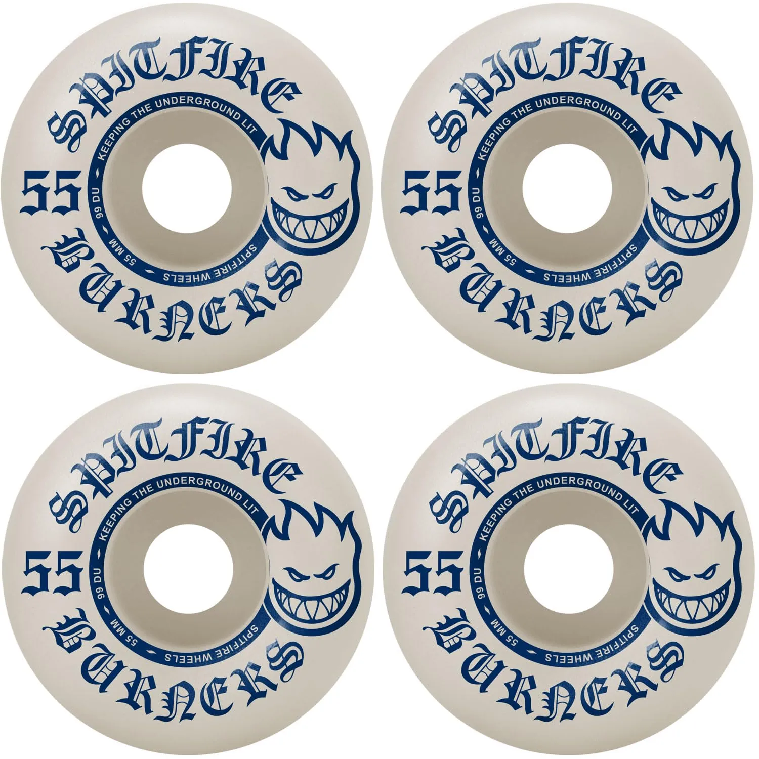 Spitfire Burners 55mm 99A Skateboard Wheels - High-Quality White/Blue Urethane Performance