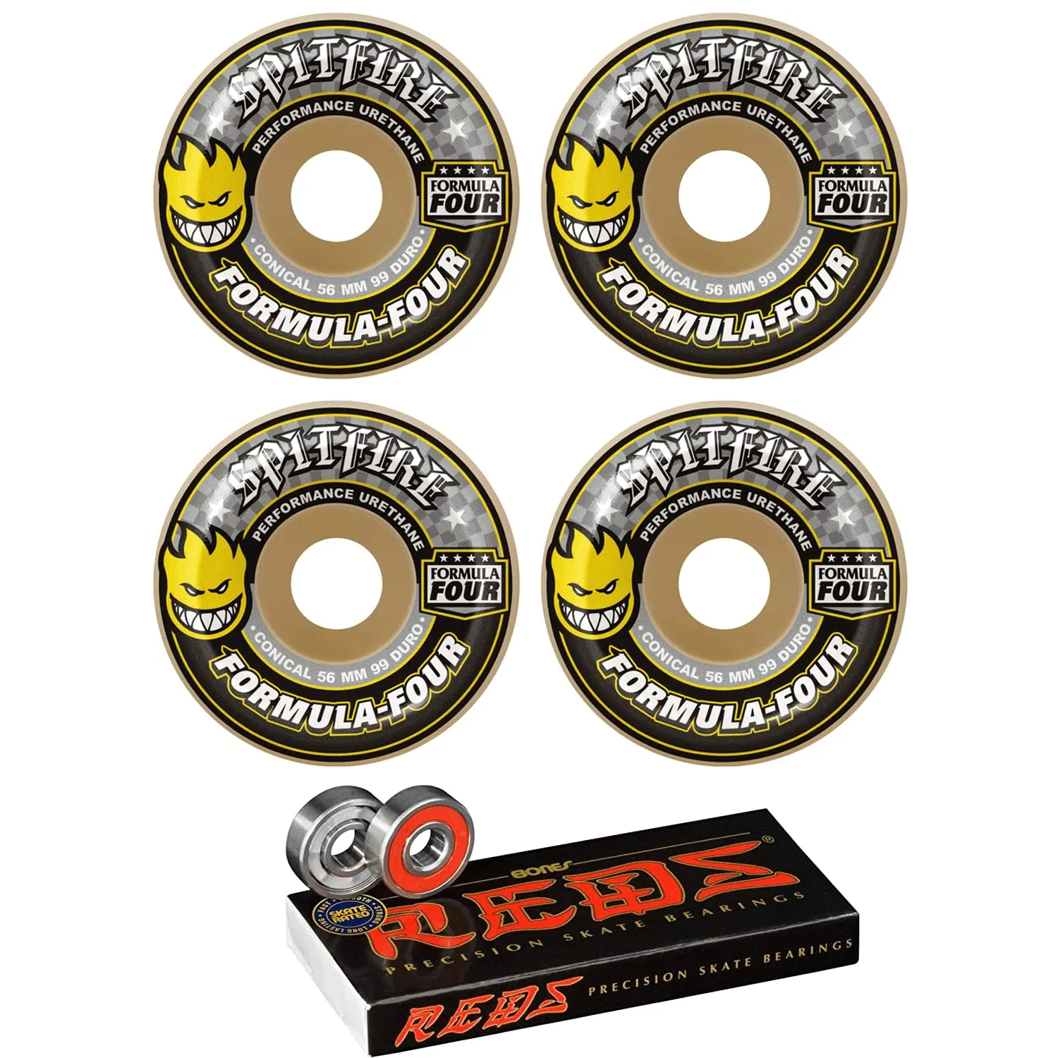 Spitfire Skateboard Wheels 56mm F4 99A Conical (Yellow Print) & Bones Reds Bearings Set