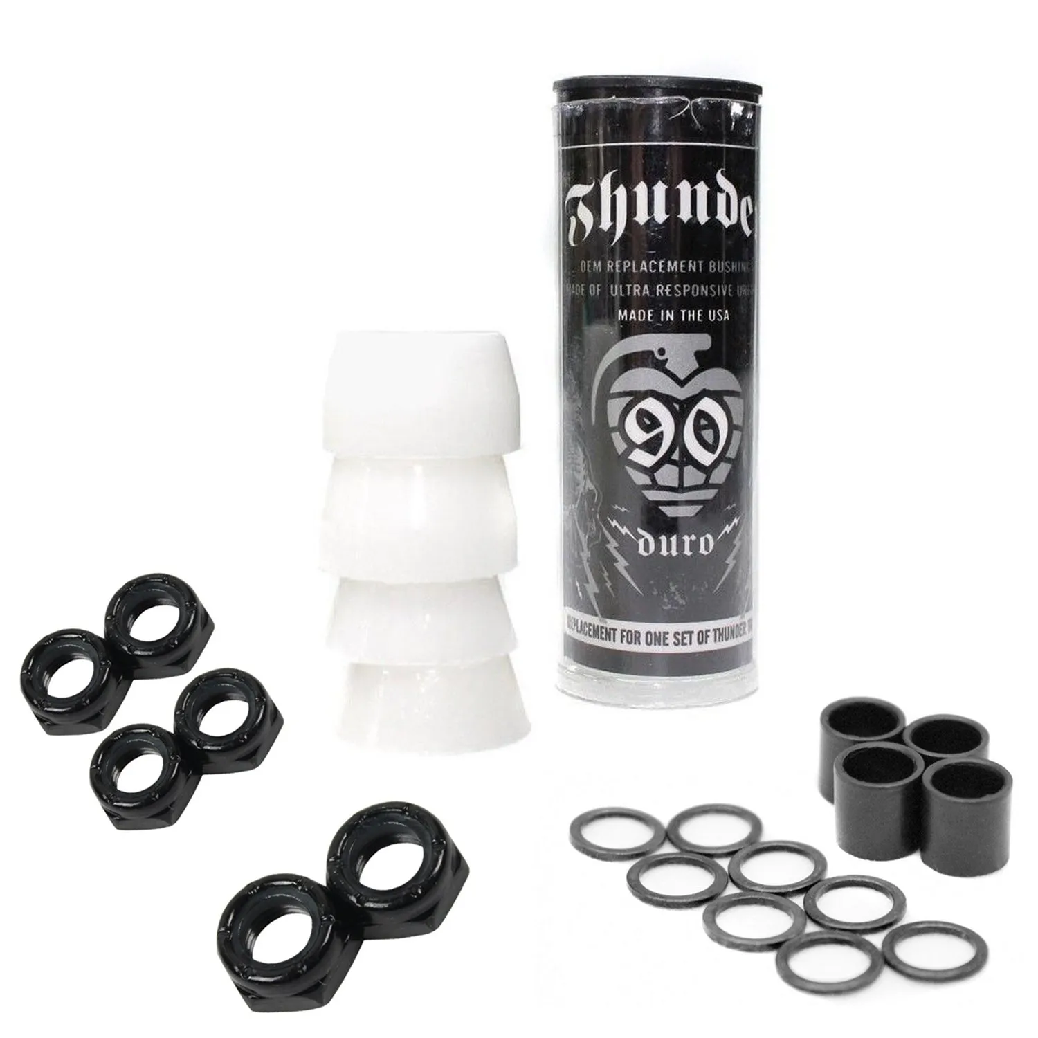 Thunder Skateboard Bushings White 90a with Kingpin and Axle Nuts, Washers, and Spacers