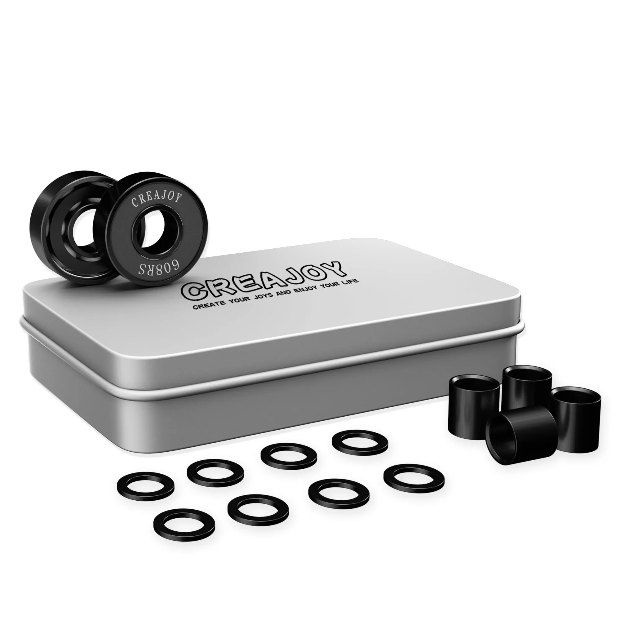 Top Speed 608RS Skateboard Bearings 8 Pack with Spacers & Washers, Steel Black+Black