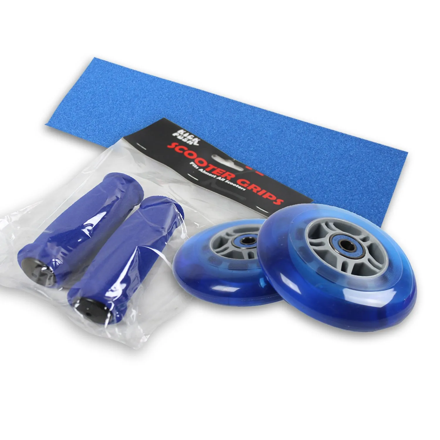 Upgrade Your Ride with Kick Push Scooter Pack: Blue Wheels, Grips, Bearings & Griptape